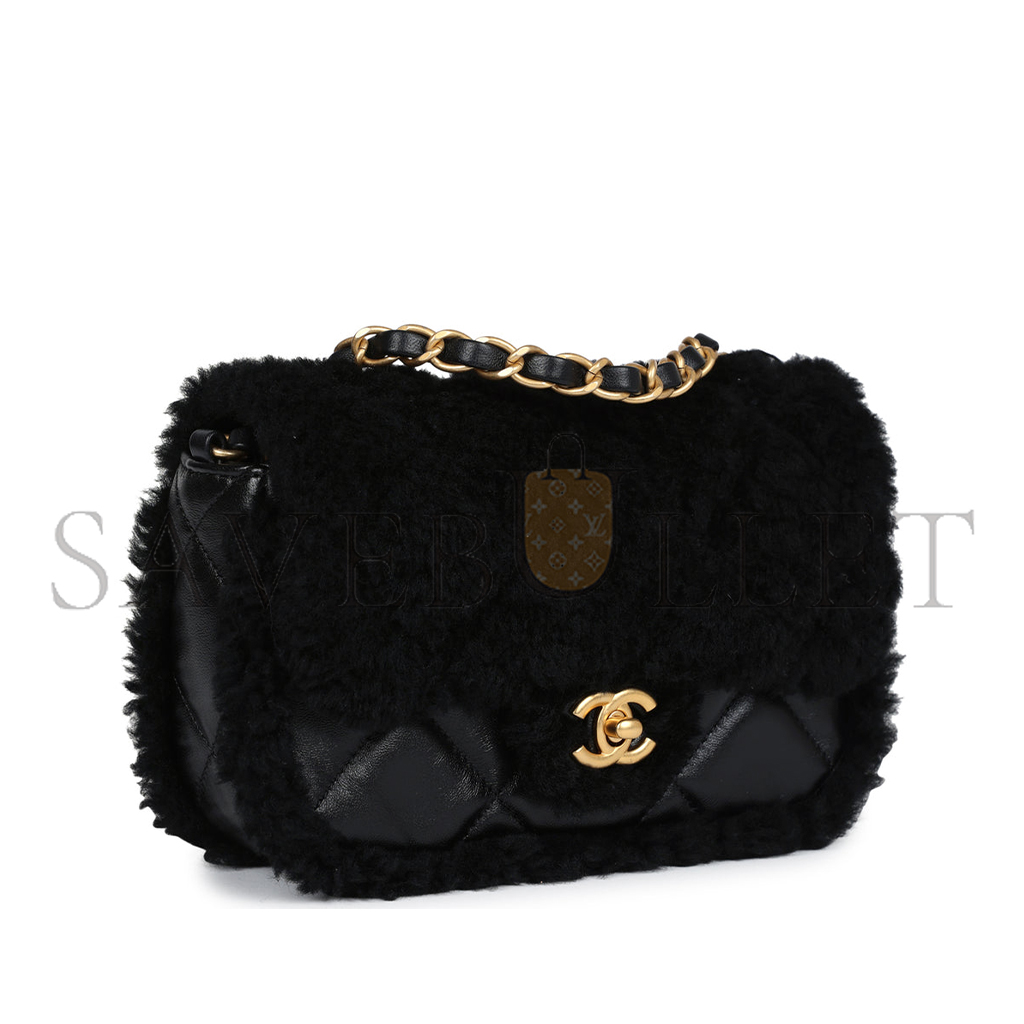 Ch*el mini shearling flap bag black lambskin brushed gold hardware as5148 (18*12*6cm)